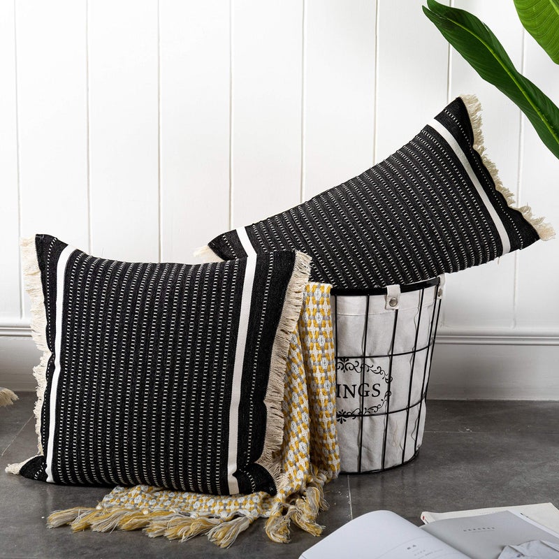 OJIA Modern Throw Pillow Cover with Tassels, Decorative Liana Fringe Accent Cushion Case, Farmhouse Woven Pillowcase for Sofa Chair Couch Bed Decor (Lumbar 18 x 18 Inches, Black) - Image 5